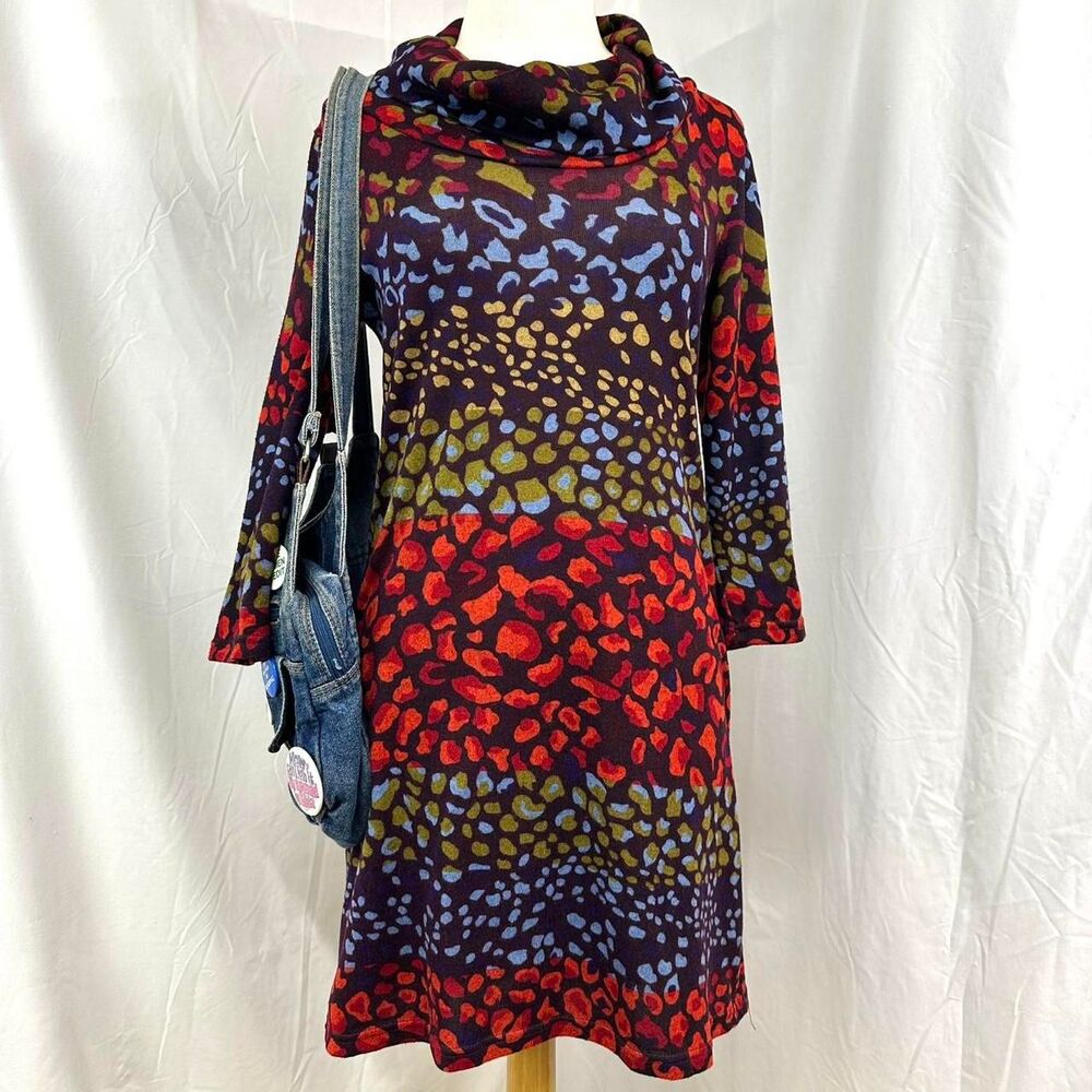 Angie Purple Multicolor‎ Cheetah Animal Print Cowl Neck Sweater Dress Sz S Artsy